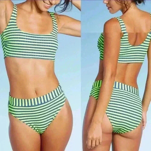 Xhiliration High waist Neon Striped Bikini Set - Picture 1 of 5